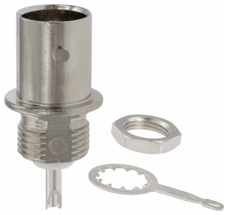 Ein metallischer, zylindrischer elektrischer Stecker mit Gewindeloch, gezeigt mit einer sechskantigen Mutter und einem kreisförmigen Schraubenschlüssel, verwendet für sichere Verbindungen.