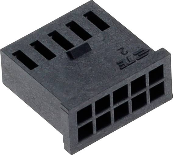 Ein Nahaufnahmebild eines schwarzen Kunststoffverbinders mit mehreren rechteckigen Öffnungen, der typischerweise für elektronische oder Computerhardware-Anschlüsse verwendet wird.