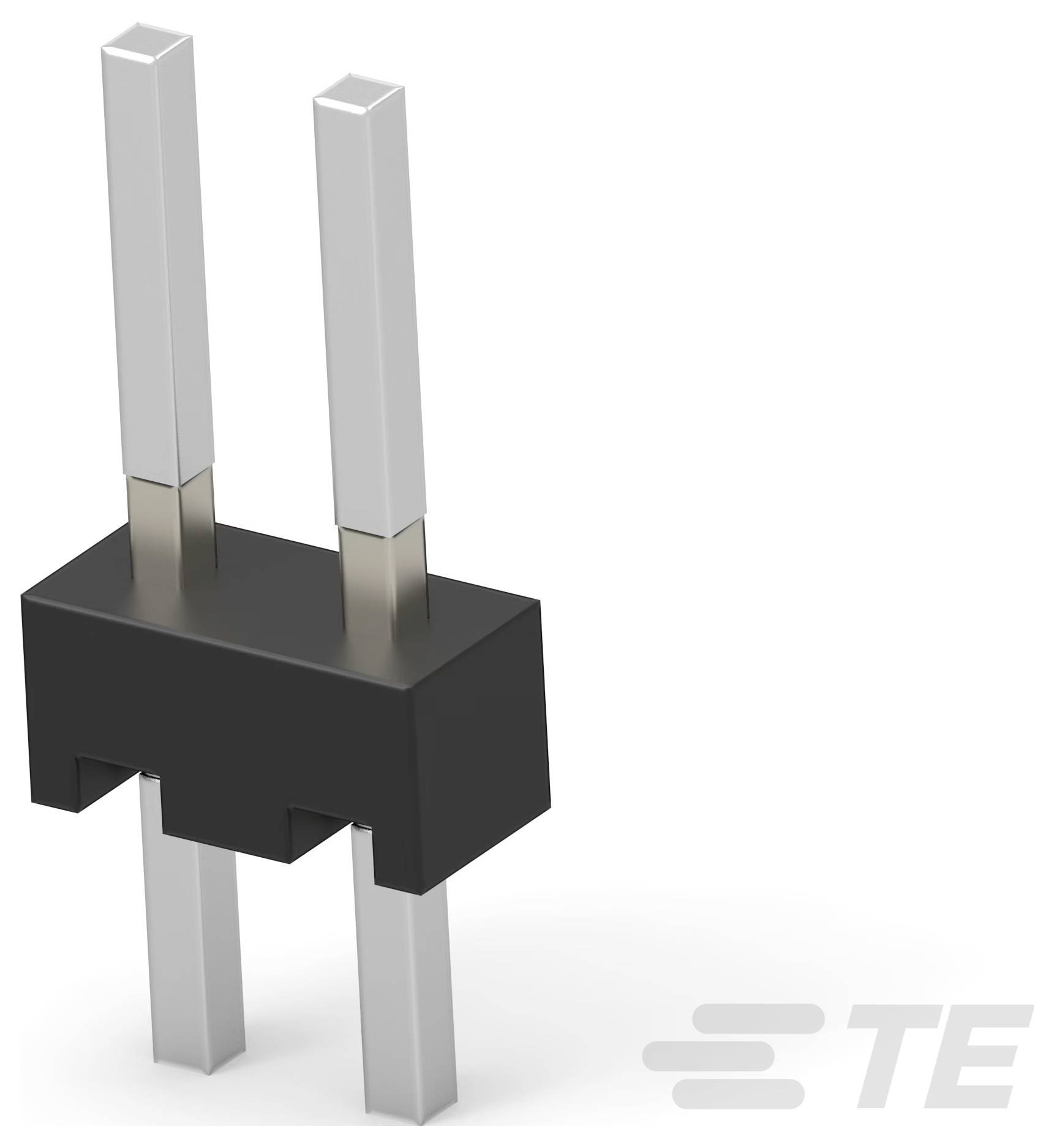 Ein elektrischer Stecker mit zwei Anschlüssen, schwarzes Gehäuse und zwei Metallstifte, die von oben und unten herausragen. Logo „TE