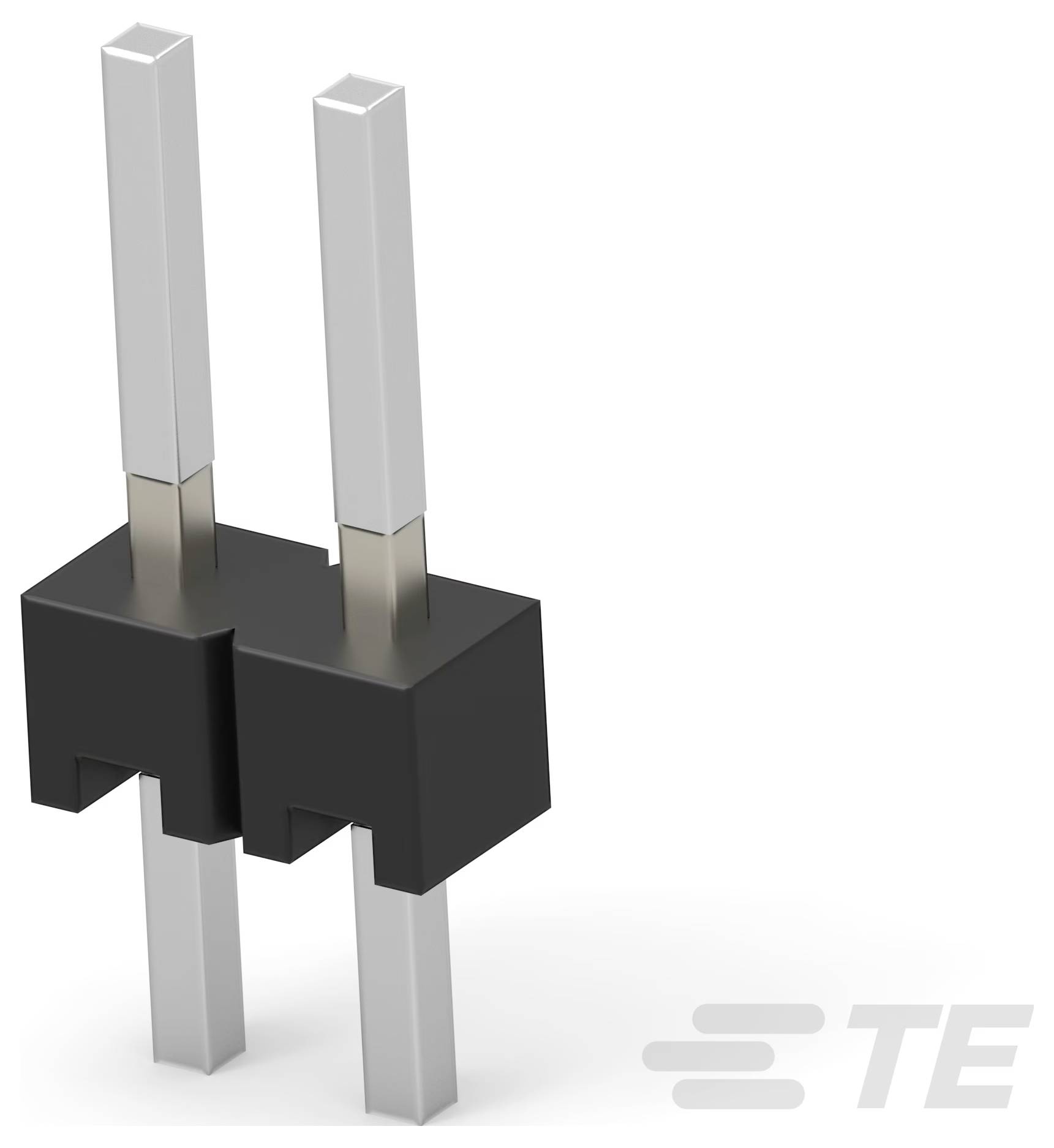 Ein Paar zweipoliger Steckerleisten mit schwarzer Kunststoffbasis, mit dem TE Connectivity-Logo unten rechts.