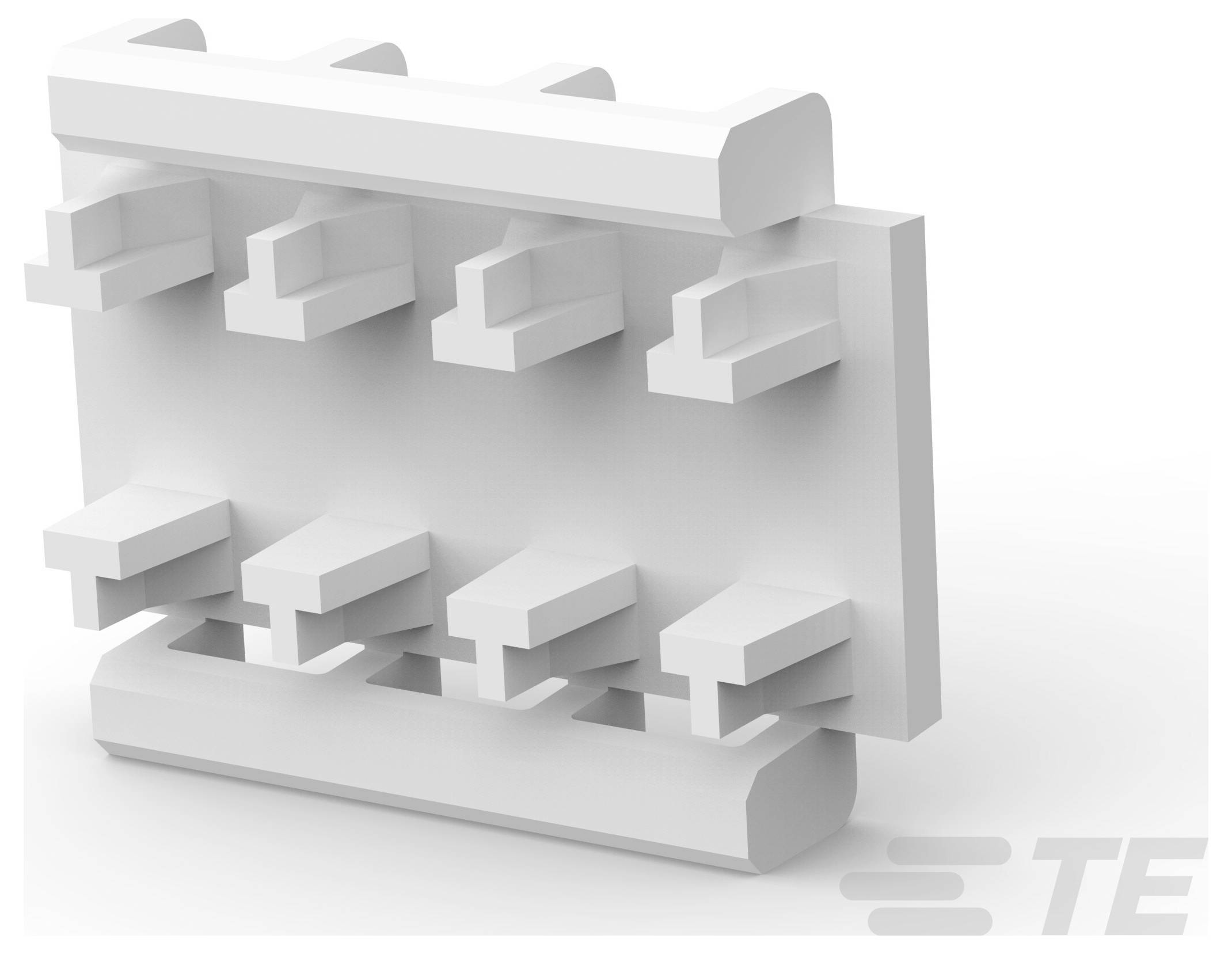 Ein weißes 3D-Modell eines mehrstiftigen Steckers mit sechs Stiften, entworfen für elektronische Verbindungen. TE-Logo in der unteren rechten Ecke.