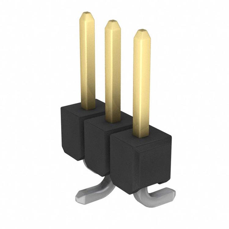 Ein dreipoliger Steckerverbinder mit drei vergoldeten männlichen Stiften auf einer schwarzen Kunststoffbasis, häufig in elektronischen Schaltungen verwendet.