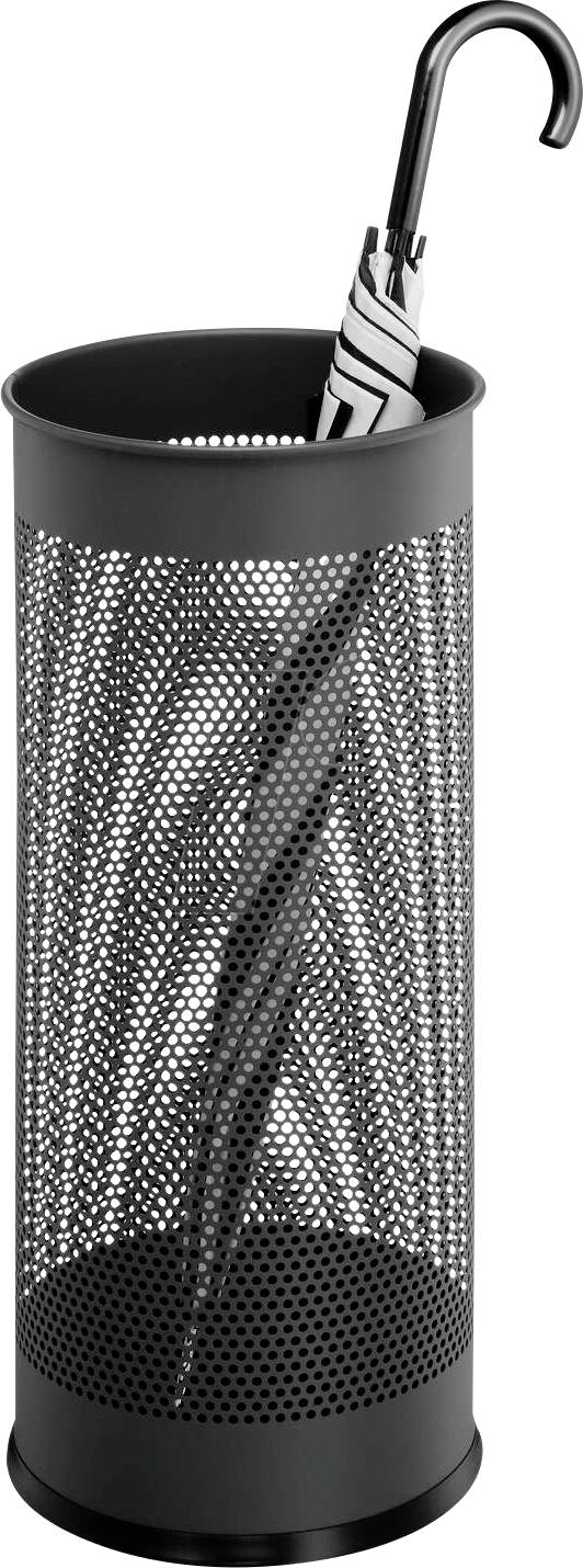 Schwarzer Regenschirmständer mit einem gestreiften Regenschirm darin.