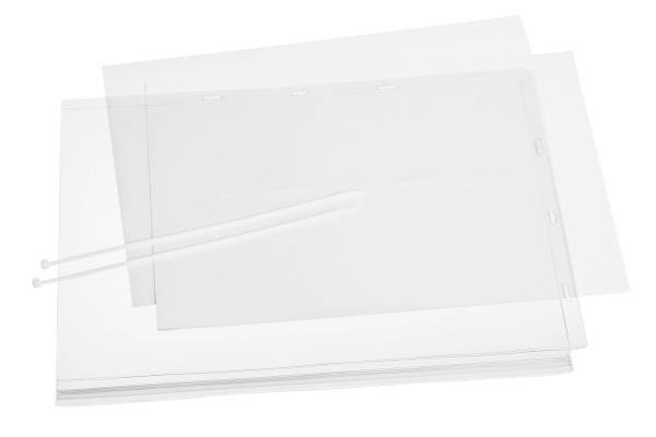 Zeigt transparente Präsentationshüllen mit flexiblen weißen Plastikhaltern. Geeignet zum Schutz und zur Organisation von Dokumenten.