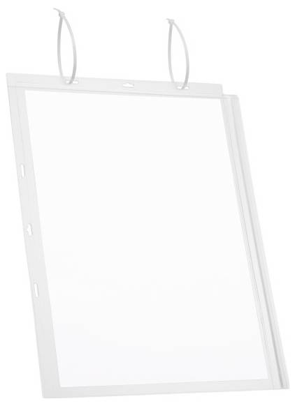 Ein durchsichtiger, rechteckiger Aufsteller mit zwei Haltebändern oben. Er kann zum Präsentieren von Informationen genutzt werden.