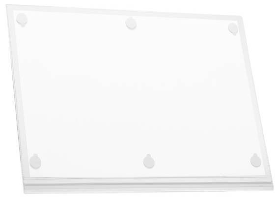 Weißes rechteckiges Board mit abgerundeten Ecken und vier runden Aufklebern. Es liegt leicht angehoben auf einer Unterlage.