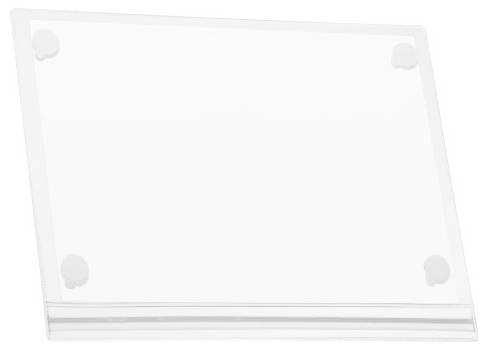 Ein transparenter, leicht geneigter Acrylaufnahmehalter mit abgerundeten Ecken, ideal zur Präsentation von Fotos oder Dokumenten.