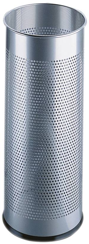 Ein silberfarbener, zylindrischer, perforierter Metall-Abfalleimer mit einem glatten Boden.