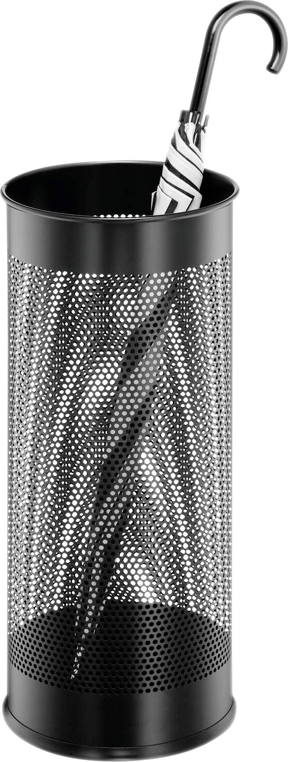 Schwarzer, zylindrischer Schirmständer mit einem gestreiften Regenschirm darin.