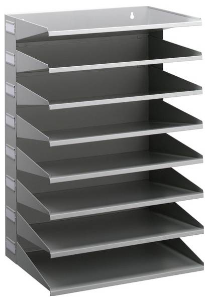 Graues Ablagefach aus Metall mit sieben herausziehbaren Schubladen zur übersichtlichen Aufbewahrung von Büromaterial oder Dokumenten.