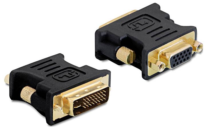 Adapter mit DVI- und VGA-Anschlüssen, schwarz-goldfarben, für Anschluss von DVI-Geräten an VGA-Anschlüsse, auf weißem Hintergrund.