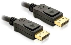 Zwei schwarze DisplayPort-Kabel mit goldenen Steckern, nebeneinander angeordnet.