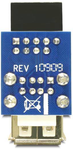 Nahaufnahme eines blauen elektronischen Bauteils mit weißen Beschriftungen und metallischen Kontakten. Beschriftung: 'REV 1'.