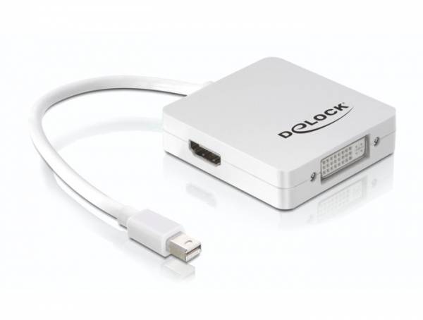 Weißer Adapter mit Mini DisplayPort auf HDMI und DVI-Anschluss von Delock. Geeignet für die Verbindung von Computern mit Monitoren.