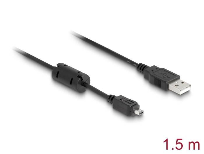 USB-Kabel mit Ferritkern, Länge 1,5 Meter, zeigt einen Standard-USB-Anschluss auf einer Seite und einen Mini-USB-Anschluss auf der anderen.