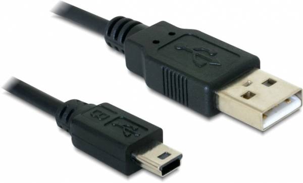 Ein USB-Kabel mit Standard- und Mini-USB-Steckern auf weißem Hintergrund.