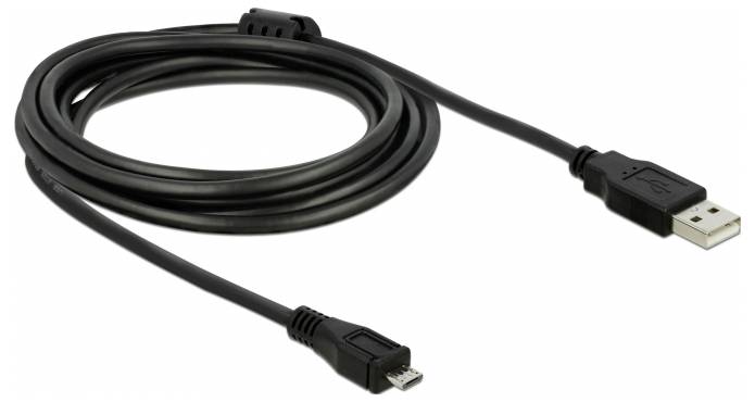 Ein schwarzes USB-Kabel mit Micro-USB-Anschluss auf der einen Seite und Standard-USB-Anschluss auf der anderen, aufgerollt dargestellt.