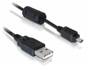 USB-Kabel mit Standard- und Mini-Anschluss, schwarzes Kabel, verwendet in der Datenübertragung und zum Aufladen von Geräten.