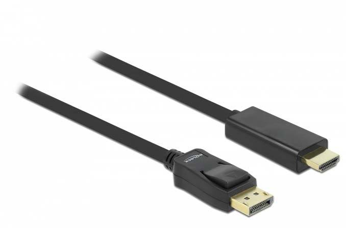 DisplayPort-zu-HDMI-Kabel mit schwarzem Kabel und Steckverbindern. Dient der Verbindung von DisplayPort-fähigen Geräten mit HDMI-Bildschirmen.