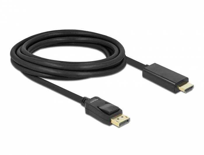 Ein schwarzes DisplayPort-zu-HDMI-Kabel, das für die Verbindung von Computern mit Monitoren oder Fernsehern verwendet wird.