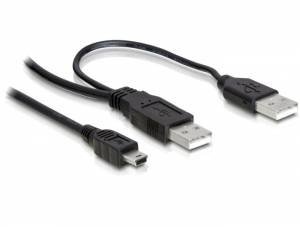Drei USB-Kabel: ein Mini-USB und zwei Standard-USB-Anschlüsse auf weißem Hintergrund. Kabel verbinden Geräte mit Computern.