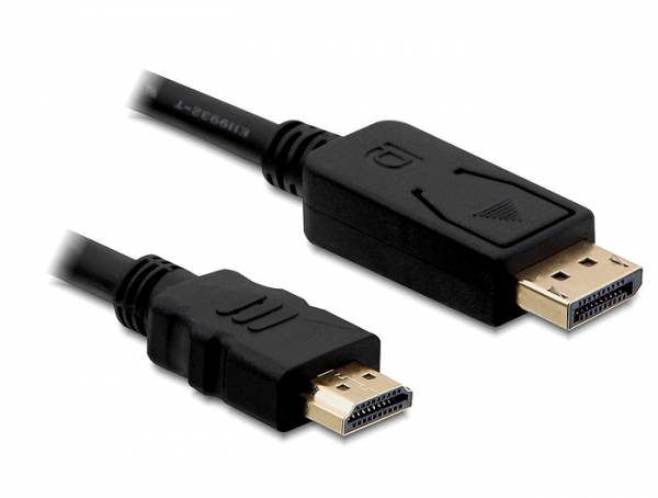 DisplayPort-zu-HDMI-Kabel zeigt schwarze Stecker mit unterschiedlichen Anschlüssen. Geeignet zum Verbinden von Geräten mit DisplayPort-Ausgang und HDMI-Eingang.