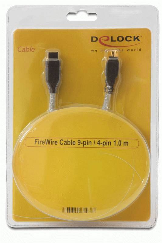 Delock FireWire Anschlusskabel [1x Firewire (400) Stecker 4pol. - 1x Firewire (800) Stecker 9pol.] 1m Grau