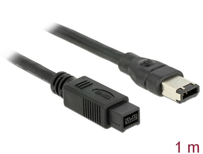 Ein 1 Meter langes FireWire-Kabel mit einem 4-poligen und einem 6-poligen Stecker, verwendet für Datenverbindungen zwischen Geräten.