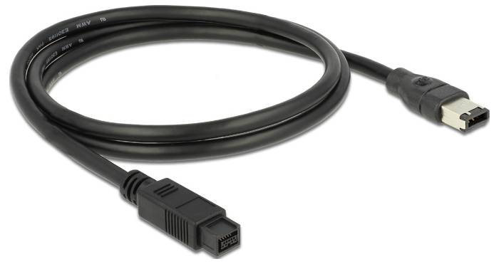 Ein schwarzes FireWire 800 Kabel mit einem 9-poligen und einem 6-poligen Stecker, geeignet für Hochgeschwindigkeitsdatenübertragung.