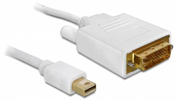 Ein weißes Kabel mit einem Mini DisplayPort-Anschluss auf der einen Seite und einem DVI-Anschluss auf der anderen Seite.