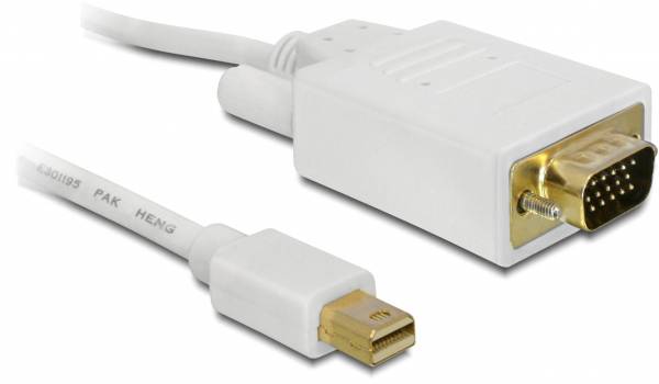 Weißer Adapter von Mini DisplayPort zu VGA mit goldenen Kontakten, geeignet für den Anschluss eines Computers an einen Monitor.