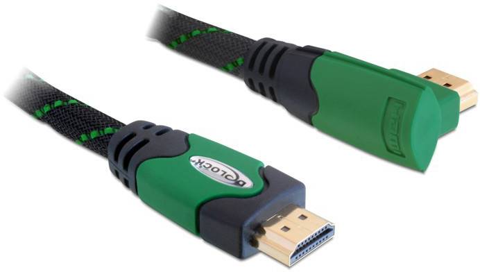 HDMI-Kabel mit grünem und schwarzem Gehäuse und goldenen Steckverbindern. Es hat schwarze und grüne, texturierte Kabelumhüllung.