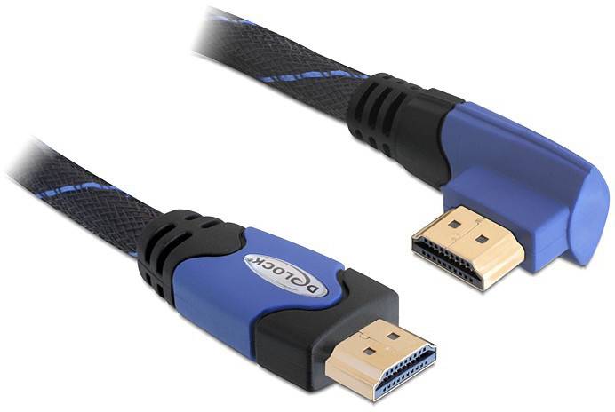 Ein HDMI-Kabel mit blau-schwarzem Design, eines der Enden ist abgewinkelt, um beengte Anschlüssen zu erleichtern.