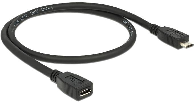 Schwarzes USB-Kabel mit USB-Typ-B-Stecker am einen Ende und USB-Typ-B-Buchse am anderen Ende, auf weißem Hintergrund.