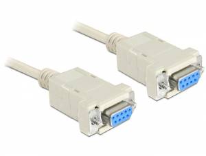 Zwei beige RS-232-Stecker mit blauen Kontaktpunkten, verbunden durch ein Kabel.