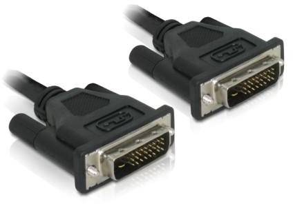 Zwei schwarze DVI-Kabelstecker mit Metallverbindungen, nebeneinander liegend. Sie sind für die Übertragung von Videodaten gedacht.