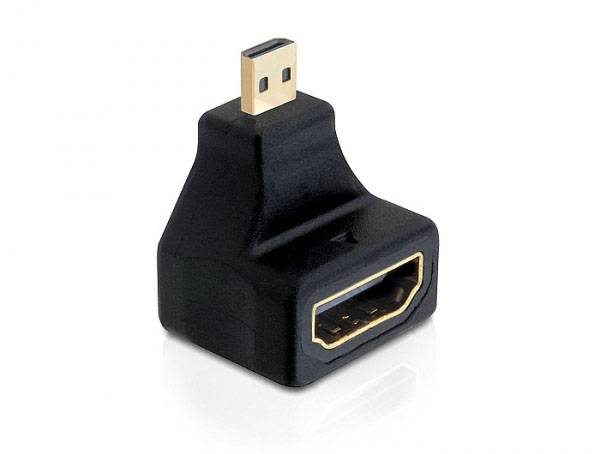 Ein HDMI-Adapter mit einem Mini-HDMI-Stecker auf der Oberseite und einer HDMI-Buchse an der Vorderseite liegt auf einem weißen Hintergrund.