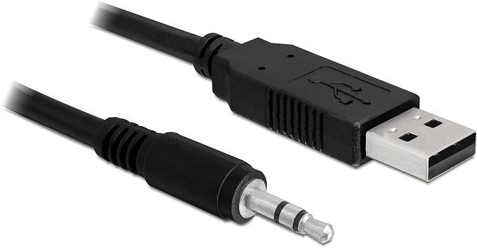 Ein schwarzes USB-Kabel mit einem 3,5-mm-Audiostecker an einem Ende und einem USB-Stecker am anderen Ende.