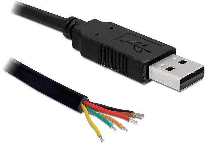 USB-Stecker und Kabel mit freigelegten, farbigen Drähten: Rot, Gelb, Grün, Weiß, Schwarz. Zeigt Kabelaufbau und Verkabelung.