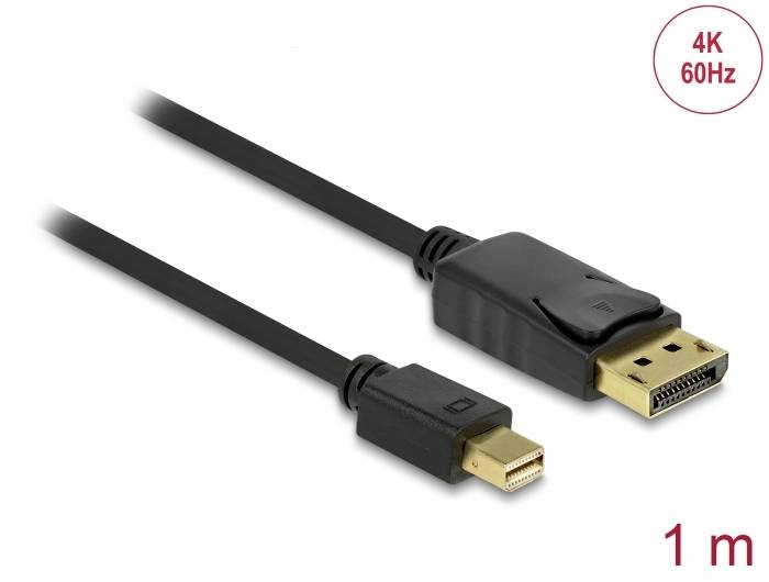 Ein schwarzes DisplayPort-auf-Mini DisplayPort-Kabel, geeignet für 4K bei 60 Hz, Länge: 1 Meter.