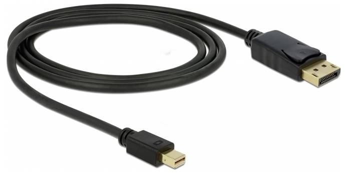 Schwarzes DisplayPort-zu-Mini-DisplayPort-Kabel, eine Seite Stecker in Standardgröße, andere Seite Mini-Stecker, für Monitore.