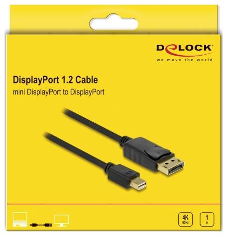 Gelbe Verpackung eines Delock DisplayPort 1.2 Kabels, zeigt mini DisplayPort zu DisplayPort. Unterstützt 4K bei 60Hz, Länge 1 Meter.