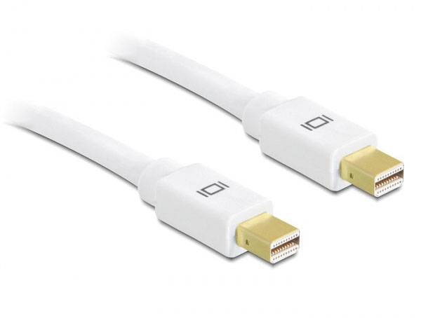 Zwei weiße Mini DisplayPort-Kabel mit goldfarbenen Steckern. Die Kabel sind parallel angeordnet und haben quadratische Plastikgehäuse.