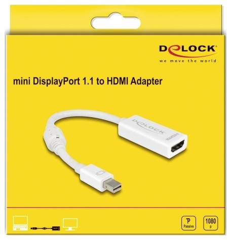 Adapter-Verpackung von Delock: Mini DisplayPort 1.1 zu HDMI, geeignet für 1080p-Auflösung, passiv, in gelber Schachtel.