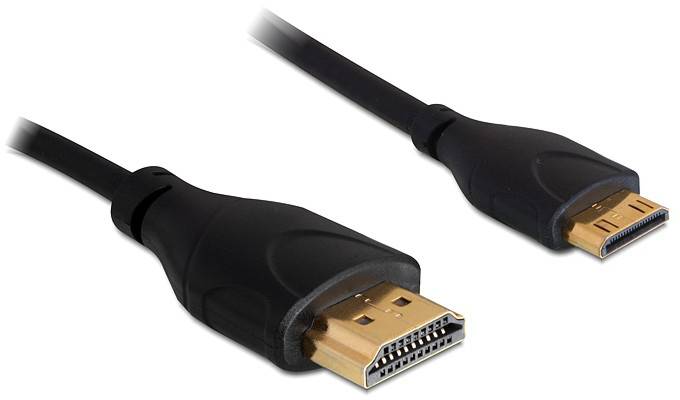 Schwarzes HDMI-Kabel mit zwei Steckern: links Standard HDMI, rechts Mini HDMI.