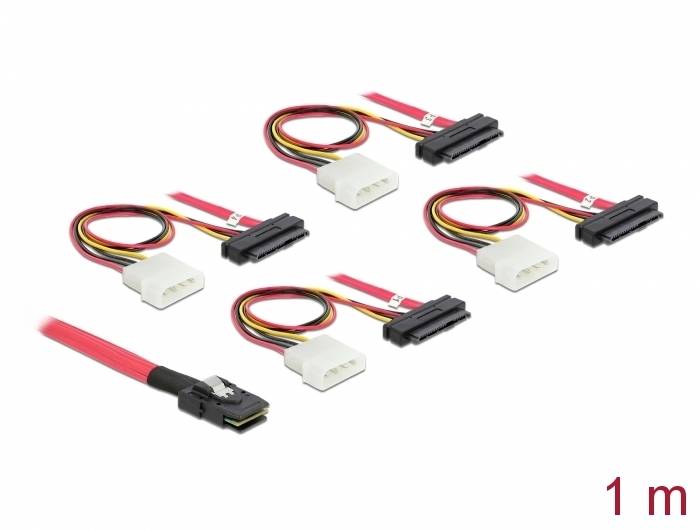 SATA Stromkabel-Set mit fünf Kabeln, jeweils mit Molex- und SATA-Anschlüssen. Die Kabel sind rot, gelb und schwarz, Länge: 1 Meter.
