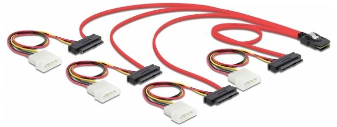 Rotes SATA-Kabel mit mehreren Anschlüssen an weißen Molex-Adaptern, geeignet für den Anschluss mehrerer Festplatten an ein Mainboard.