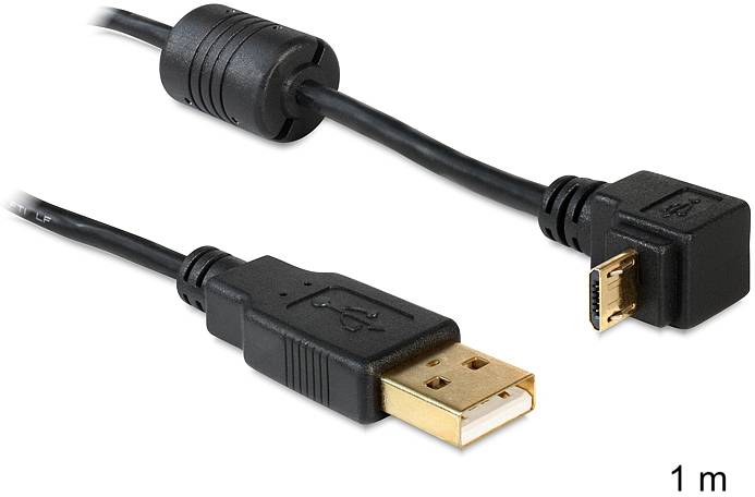 Ein schwarzes USB-Kabel mit zwei Typen von Anschlüssen: links ein Standard-USB-Stecker, rechts ein Micro-USB-Stecker, 1 m lang.