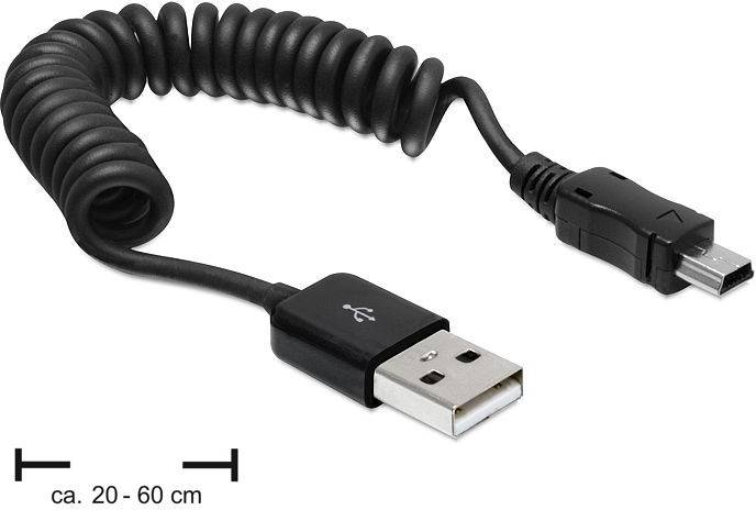 Ein schwarzes Spiralkabel mit USB-Anschluss und Mini-USB-Anschluss, Länge von ca. 20 bis 60 cm, geeignet für Datenübertragung.