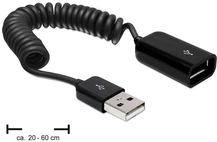 Schwarzes, spiralförmiges USB-Verlängerungskabel von ca. 20–60 cm Länge mit USB-A-Stecker und USB-Buchse.